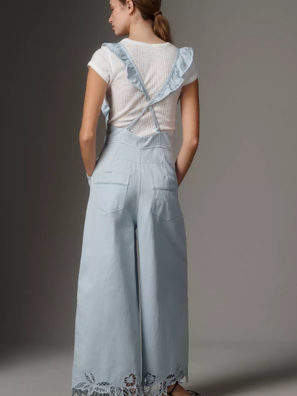 Anthropologie Eyelet Washed Overalls Light Blue Cotton Wide-Leg Jumpsuit NWT - Picture 3 of 4